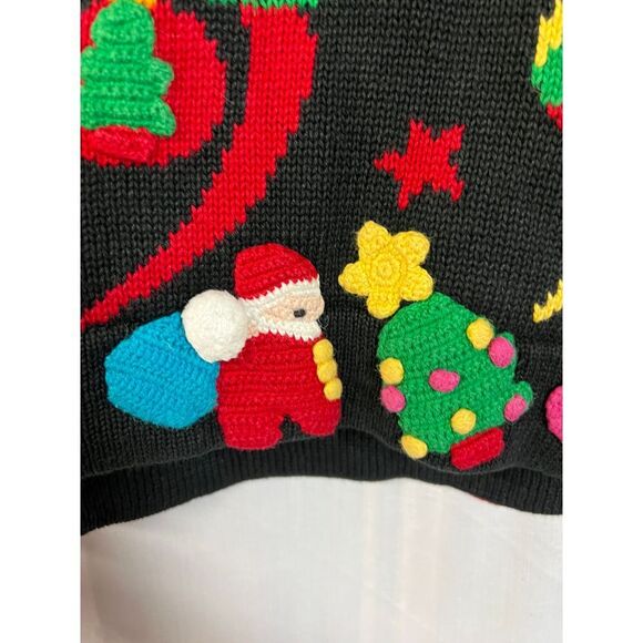 Vintage Christmas Sweater Black with Festive Holiday Design Star Trees Ornaments - Picture 2 of 6